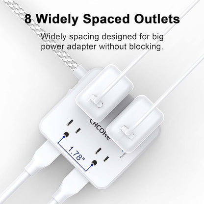 5Ft Flat Plug Braided Extension Cord - CHCORE Surge Protector Power Strip with 8 Outlets and 2 USB-C (PD 30W) Fast Charging Ports and 2 USB-A Ports for Home, Office, Dorm Room Essentials, ETL, White