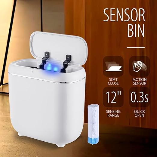 Motion Sensor Trash Can, Automatic Touchless Trash bin, 2.6 Gallon for Bathroom, Bedroom & Office - Waterproof, Quiet Close, White