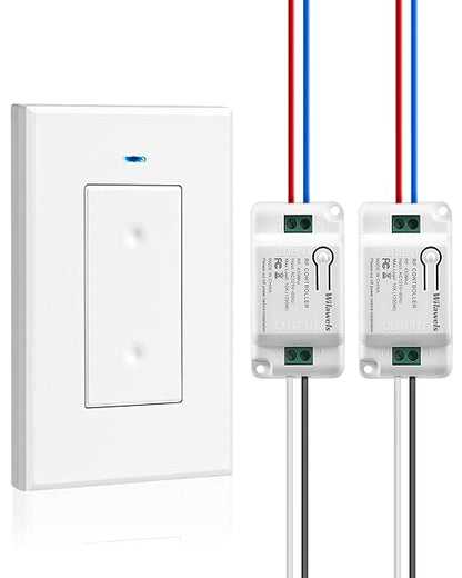 Wireless Light Switch and Receiver Kit, WILAWELS Remote Wall Switches Lighting Fixture, No Wiring, Programmable, 100FT RF Range, 1 Remote Switch for 2 Receivers for Ceiling Light, Fan, Lamp W06RC1206