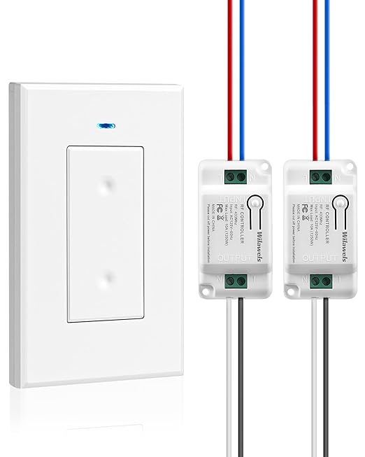 Wireless Light Switch and Receiver Kit, WILAWELS Remote Wall Switches Lighting Fixture, No Wiring, Programmable, 100FT RF Range, 1 Remote Switch for 2 Receivers for Ceiling Light, Fan, Lamp W06RC1206
