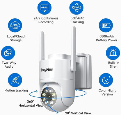 Solar Security Cameras Wireless Outdoor: 2K 4MP AOV 24/7 Continuous Recording Security Camera Wireless, 2.4G/5G Dual Band WiFi Camera with SD Card, Solar Powered, Color Night Vision, 2-Way Talk