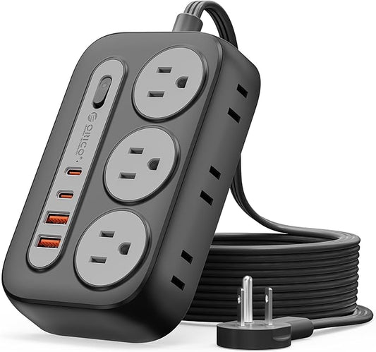 ORICO Surge Protector Power Strip, PD20W Multiple Outlets Extension Cord with 6 AC Outlets and 4 USB Charging Ports (2 USB-C), 45° Flat Plug, 10 Ft Mountable Outlet Extender for Home/Office/Dorm - OG
