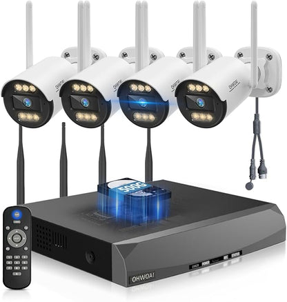 《130°Wide Angle & Two-Way Audio》Wireless Security Camera System Outdoor, WiFi Cameras Systems,Video Surveillance DVR Kits