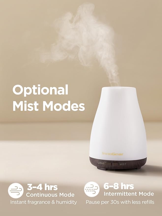 InnoGear Essential Oil Diffuser, Ultrasonic Diffusers for Home Aromatherapy Humidifier for Mother's Gift Bedroom Room 7 Colors LED 2 Mist Mode Auto Off, Brown Base