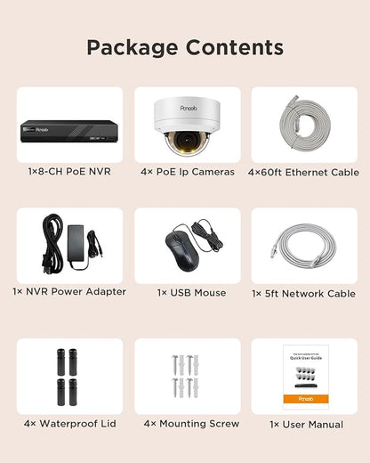 PoE Security Camera System, 5MP 8CH NVR & 2TB HDD, 8X IK10 Vandal Proof Wired 5MP Dome IP Cameras, Person Vehicle Detection, 2 Way Audio, Smart Color Night Vision, Remote Access, PD54Y0808-5M