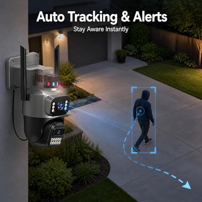 Outdoor Camera, Plug-in Security Camera Outdoor, Dual Lens PTZ 6MP, 6X Digital Zoom, Auto Tracking, Color Night Vision, 5G/2.4G Dual-Band WiFi, 2-Way Audio, IP66 Waterproof