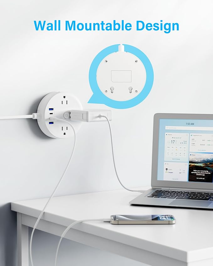 15FT 2 Prong Power Strip, Yozisital 2 Prong to 3 Prong Outlet Adapter, Flat Extension Cord, Surge Protector with Rotating Plug, 6 Outlets 4 USB(2 USB C), Wall Mount, Ideal for Non-Grounded Outlets