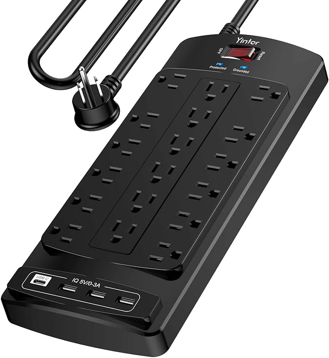Yintar 10Ft Surge Protector Power Strip with 18 Outlets and 4 USB Ports | 10 Feet Flat Plug Heavy Duty Extension Cord with Multiple Outlets for Home, Office, Dorm Essentials, 2100 Joules, ETL, Black