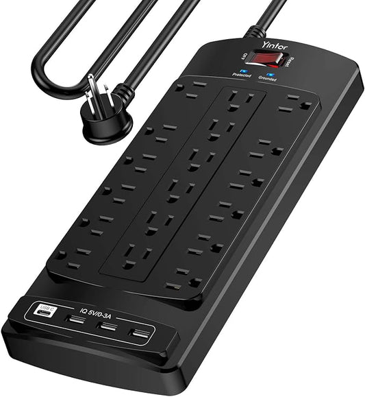 Yintar 10Ft Surge Protector Power Strip with 18 Outlets and 4 USB Ports | 10 Feet Flat Plug Heavy Duty Extension Cord with Multiple Outlets for Home, Office, Dorm Essentials, 2100 Joules, ETL, Black