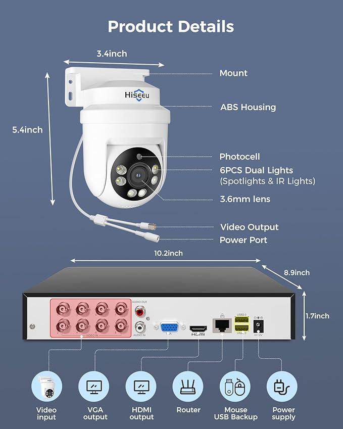 Hiseeu 3K PTZ Wired Security Camera System Outdoor with Color Night Vision,Audio,8 x 5MP IP67 CCTV Cameras,5MP DVR 8CH,3TB HDD,360°Coverage,Person/Vehicle Detection,Alarm Spotlight,24/7 Recording