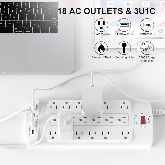 Yintar 10Ft Surge Protector Power Strip with 18 Outlets and 4 USB Ports | 10 Feet Flat Plug Heavy Duty Extension Cord with Multiple Outlets for Home, Office, Dorm Essentials, 2100 Joules, ETL, White
