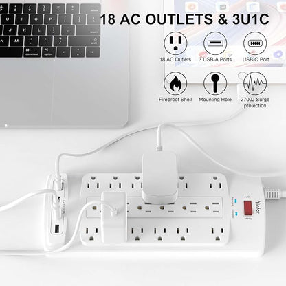 Yintar 6Ft Surge Protector Power Strip with 18 Outlets and 4 USB Ports | 6 Feet Flat Plug Heavy Duty Extension Cord with Multiple Outlets for Home, Office, Dorm Essentials, 2100 Joules, ETL, White