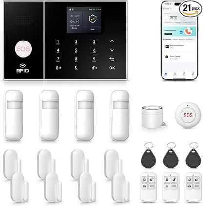 21Piece Wireless Home Security Systems,WiFi+4G App Control withReal-Time Alert & Auto Alarm Dial Home Alarm System,No Monthly Fees with Door and Window Alarms,Compatible with Alexa for Apartment