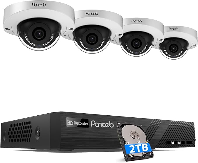 PoE Security Camera Systems 8 Channel NVR 2TB HDD, 4Pcs 5MP Wired IP Dome Cameras Outdoor Indoor w/Person Vehicle Detection, Built-in Mic IP67 2.8mm Lens 100ft IR Night Vision, PD63A0408-5M