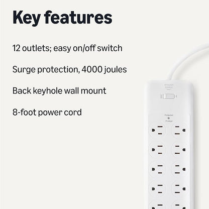 Amazon Basics 12-Outlet Surge Protector Power Strip, 4000 Joules, 8ft Extension Cord, Rectangle, for Home, Office, Gaming Room, White