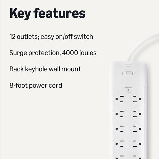 Amazon Basics 12-Outlet Surge Protector Power Strip, 4000 Joules, 8ft Extension Cord, Rectangle, for Home, Office, Gaming Room, White