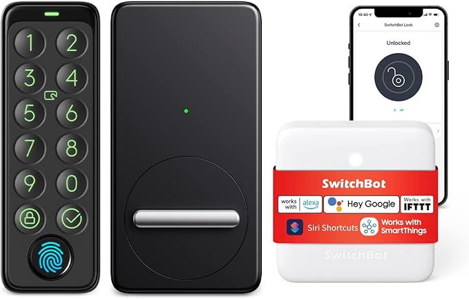 SwitchBot Fingerprint Smart Lock for Existing Deadbolt with Keypad Touch and Hub Mini – Keyless Entry, Password & NFC Card, Auto-Lock, App Control, Alexa Siri Google Compatible