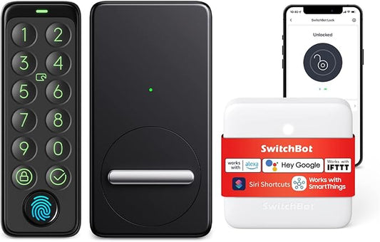 SwitchBot Fingerprint Smart Lock for Existing Deadbolt with Keypad Touch and Hub Mini – Keyless Entry, Password & NFC Card, Auto-Lock, App Control, Alexa Siri Google Compatible