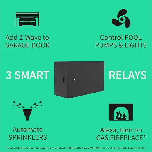 Zooz Z-Wave Long Range MultiRelay ZEN16 800LR for Garage Doors, Sprinklers, Gas Fireplace; 3 Dry Contact Relays (15A, 15A, 20A); 12-24 V AC/DC or USB C Power; Signal Repeater; Hub Required