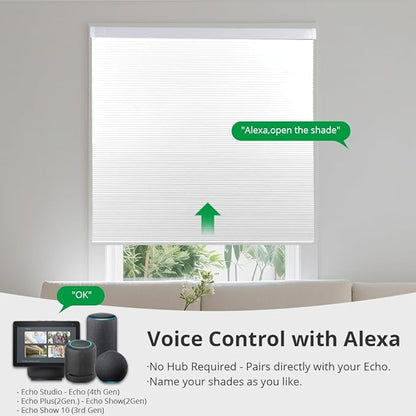 Motorized Cellular Shades with Remote Blackout Honeycomb Smart Blinds Options for Indoor Windows, Remote/Alexa/Matter Compatible, Easy DIY Installation (White)