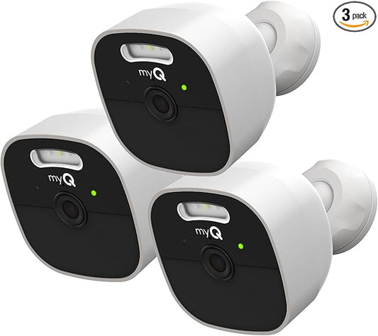 myQ Outdoor Battery Camera | 2K Camera, Color Night Vision, Spotlight, Motion Alerts, Live View with Two-Way Talk, Wireless, Weather-Resistant, Outdoor, White, 3 Pack