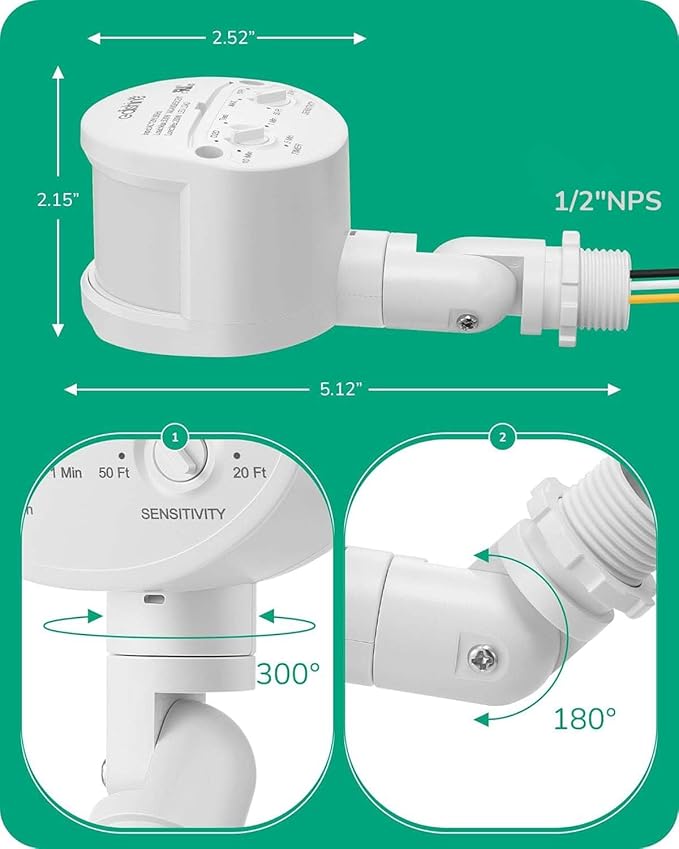 EDISHINE Motion Sensor, 180-Degree Replacement Motion Detector for Security Floodlights, 120V Adjustable Time & Detection Sensitivity Range Up to 60 Feet, 3 Modes Pir Motion Sensor, White, UL Listed