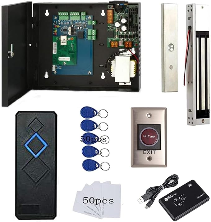 1 Door Access Control System 600lbs Magnetic Lock Access Control Panel 110V Power Supply Box RFID Reader No Touch Exit Button Enroll USB Reader Card Key Fob Phone APP Remotely Open Lock