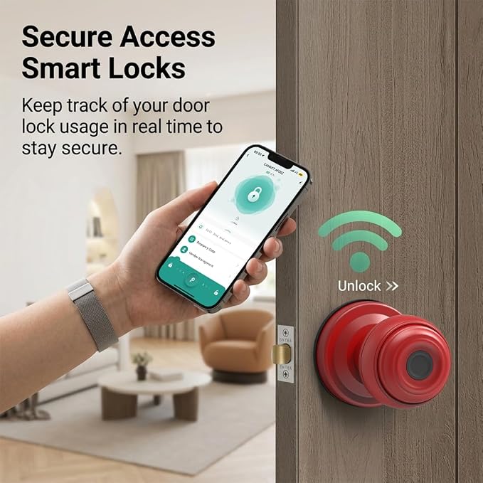 Smart Fingerprint Door Lock Knob, Tuya App Keyless Entry, Red