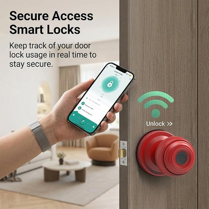 Smart Fingerprint Door Lock Knob, Tuya App Keyless Entry, Red