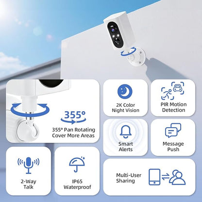 Security Cameras Wireless Outdoor 355° Pan Rotating 2K Color Night Vision Cameras for Home Security WiFi Battery Outdoor Camera Motion Detection 2-Way Talk IP65 Spotlight Siren SD/Cloud Storage