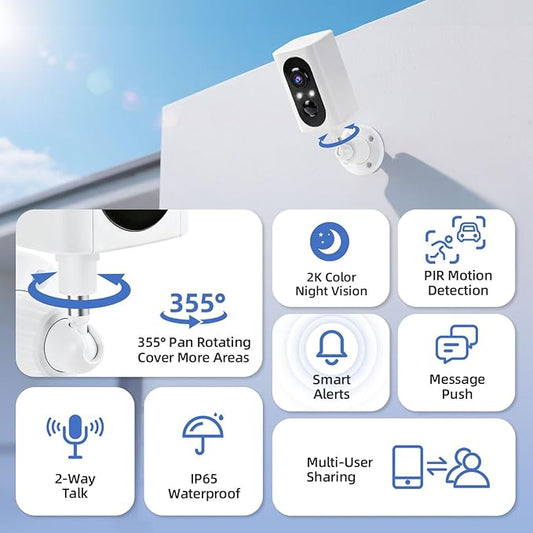 Security Cameras Wireless Outdoor 355° Pan Rotating 2K Color Night Vision Cameras for Home Security WiFi Battery Outdoor Camera Motion Detection 2-Way Talk IP65 Spotlight Siren SD/Cloud Storage