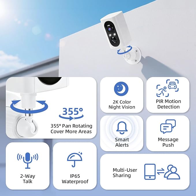 Security Cameras Wireless Outdoor 355° Pan Rotating 2K Color Night Vision Cameras for Home Security WiFi Battery Outdoor Camera Motion Detection 2-Way Talk IP65 Spotlight Siren SD/Cloud Storage 4 Pack