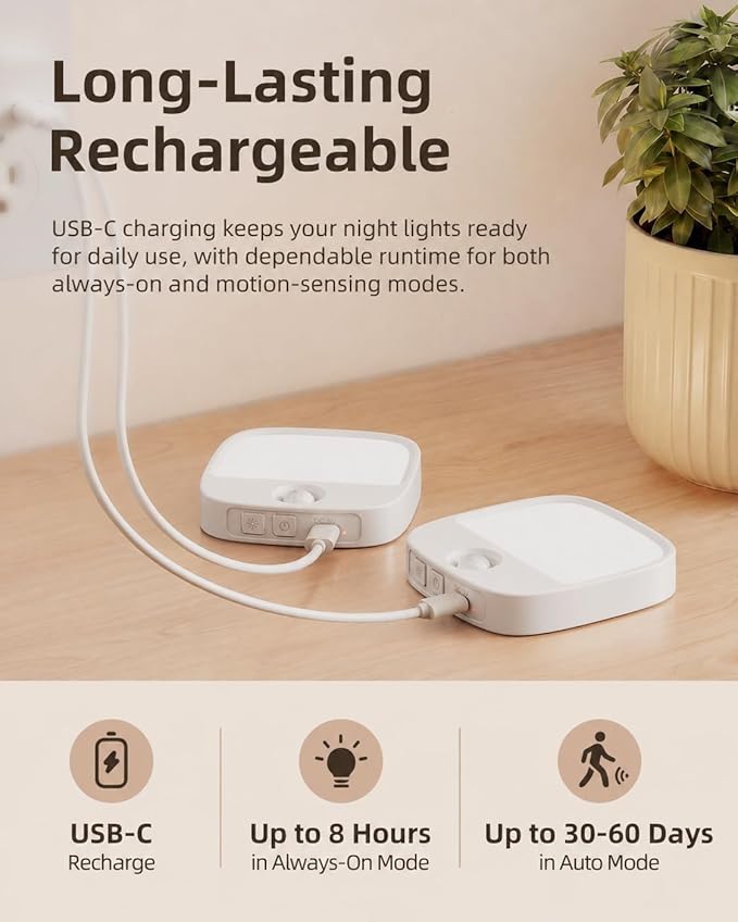 EZVALO Rechargeable Motion Sensor Night Lights, 2 Pack Magnetic Stick-On LED Lights with 3 Color Temperatures, Adjustable & Memory, Cordless Night Light for Closet, Bedroom, Hallway, Stairs, Bathroom