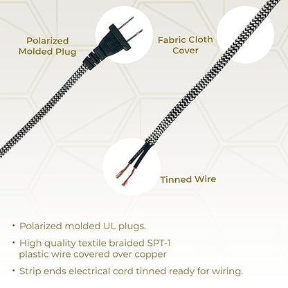 Royal Designs, Inc. Lamp Cord Molded Plug with Dimmer Switch, Stripped Ends Ready for Wiring, 8 ft Long, Black/White, SPT-1 UL Listed, Set of 2 (CO-5001D-BLK/WH-8-2)