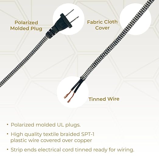 Royal Designs, Inc. Lamp Cord Molded Plug with Dimmer Switch, Stripped Ends Ready for Wiring, 8 ft long, Black/White, SPT-1 UL Listed (CO-5001D-BLK/WH-8-1)