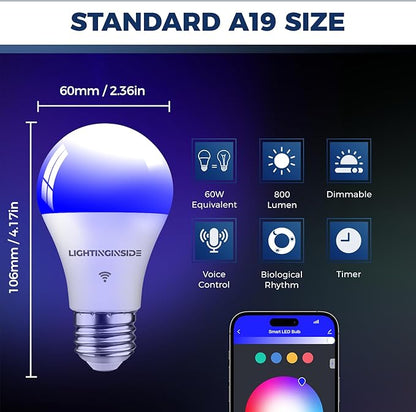 Lightinginside Smart Light Bulbs 60W Equivalent, 800LM 9W WiFi Smart Bulb Compatible with Alexa/Google Assistant, A19 E26 Smart Light Bulb No Hub Required, 2.4GHz WiFi Only, 2PCS