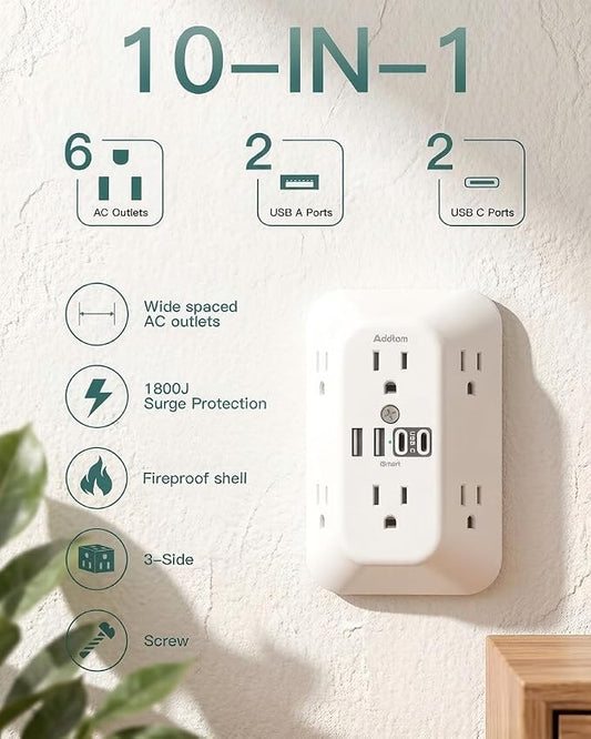 Addtam 6-Outlet Extender Surge Protector, Multi Plug Wall Outlet with 4 USB Wall Charger(2 USB C Ports), Plug Extension Outlet with 1800J, Outlet Splitter Power Strip for Home Office, 2 Pack, White