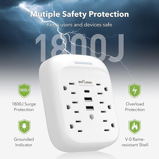 BN-LINK Surge Protector USB Wall 6 Outlet Extender with 3 USB Ports (USB C), Multi Plug Outlet Expander, Electrical Splitter for School, Travel, Office, Home, ETL Listed
