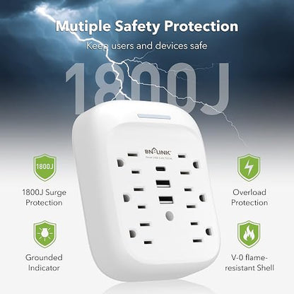 BN-LINK Surge Protector USB Wall 6 Outlet Extender with 3 USB Ports (USB C), Multi Plug Outlet Expander, Electrical Splitter for School, Travel, Office, Home, ETL Listed