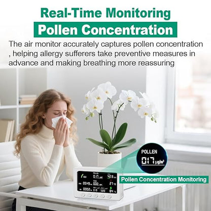 10 in 1 Air Quality Monitor Indoor,with WiFi and APP,7" Display,Detector for CO2，Pollen,Noise,Decibel Meter,TVOC,PM1.0,PM2.5,AQI,Temp and Humid,Air Quality Meters for Home,Office (White)