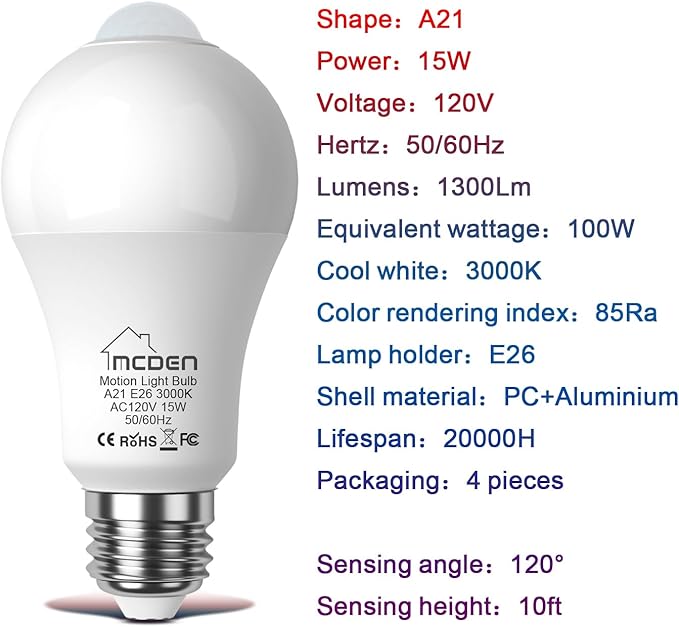 McDen Motion Sensor Light Bulb, A21 15W Equivalent 100W 3000K Warm White, Indoor Motion Activation Detector Light Bulb, E26 Base Dusk to Dawn Security Night Light. 4 Packs