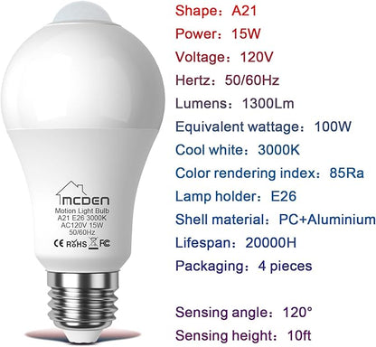 McDen Motion Sensor Light Bulb, A21 15W Equivalent 100W 3000K Warm White, Indoor Motion Activation Detector Light Bulb, E26 Base Dusk to Dawn Security Night Light. 4 Packs