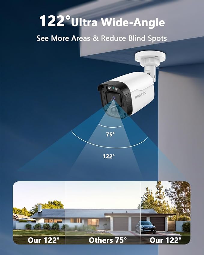 (90 Days Storage) 5MP Wired Security Camera System Outdoor, 8CH DVR with 3TB HDD, 4 x 122° Wide Angle Home Surveillance Cameras, Up to 90 Days Recording, IP67 Waterproof, Free App No Monthly Fee