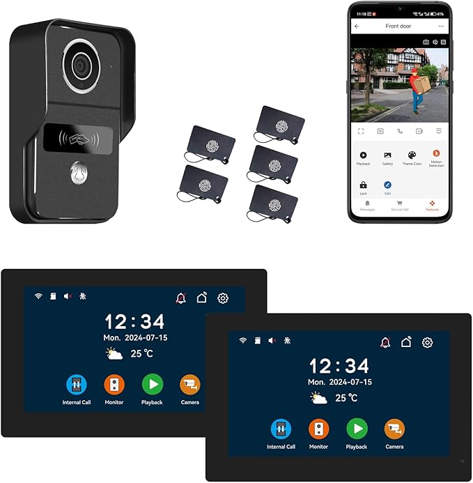 2pin-Wired 2MP HD Indoor 7" WiFi Monitor Smart Home Video Doorbell Intercom System, Remote APP Phone Unlock Video Record Motion Detect 2-Way Talk IR Camera Door Bell 1x doorbell + 2X 7in Monitor