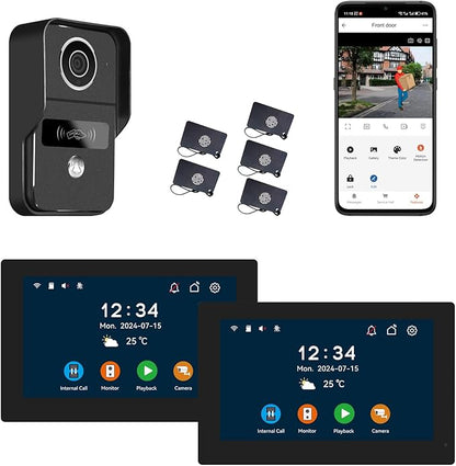 2pin-Wired 2MP HD Indoor 7" WiFi Monitor Smart Home Video Doorbell Intercom System, Remote APP Phone Unlock Video Record Motion Detect 2-Way Talk IR Camera Door Bell 1x doorbell + 2X 7in Monitor
