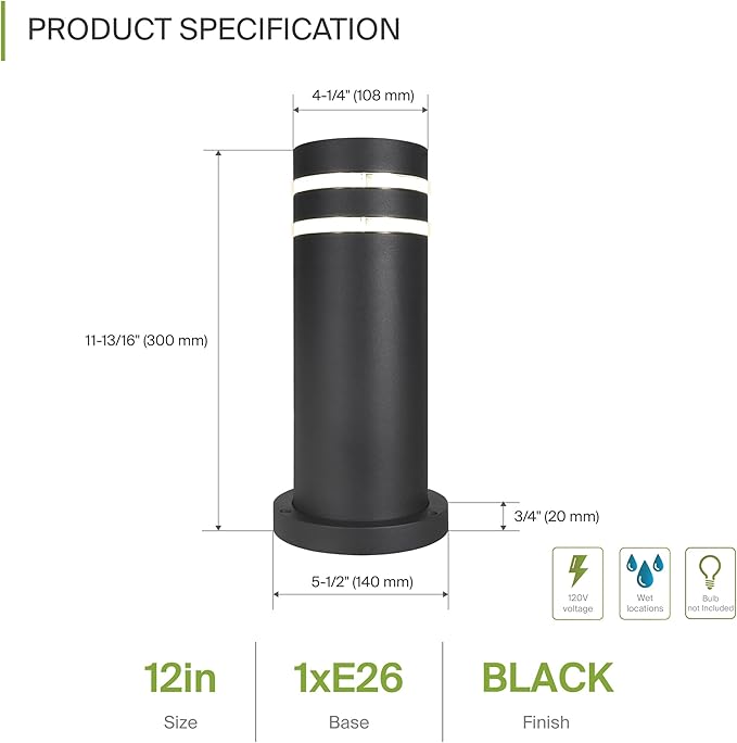 ASD 12" Round Bollard Light Fixture, Outdoor Pathway Floor Lamp | Antiglare, Waterproof, ETL Listed | 60W E26 Bulb Socket 120V | Landscape Hardwired Lighting, Exterior Post Lantern | Black, 4 Pack