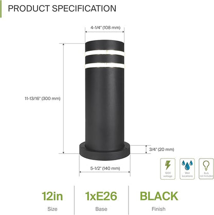 ASD 12" Round Bollard Light Fixture, Outdoor Pathway Floor Lamp | Antiglare, Waterproof, ETL Listed | 60W E26 Bulb Socket 120V | Landscape Hardwired Lighting, Exterior Post Lantern | Black, 4 Pack