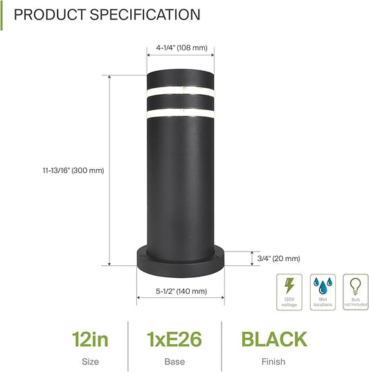 ASD 12" Round Bollard Light Fixture, Outdoor Pathway Floor Lamp | Antiglare, Waterproof, ETL Listed | 60W E26 Bulb Socket 120V | Landscape Hardwired Lighting, Exterior Post Lantern | Black, 4 Pack