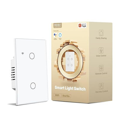MOES 2nd Generation Smart Touch Wall Switch, 2.4GHz Wi-Fi Single Fire Single Pole Switch, No Neutral Wire Required, Remote MOES APP Control, Compatible with Alexa and Google Home 110V White 2 Gang