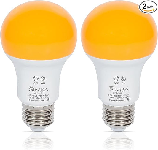 Simba Lighting Bug Non-Attracting Yellow LED Bulb 6W 40W Equivalent, Great for Outdoor Porch Light, Night Light, Dusk-to-Dawn Smart Sensor Auto On/Off, Amber Warm Light, A19 E26 Medium Base, Pack of 2